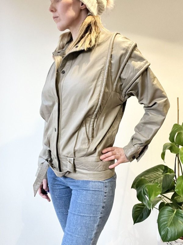 Vintage 80s real leather jacket UK, size 10 grey/beige ribbed shoulder design